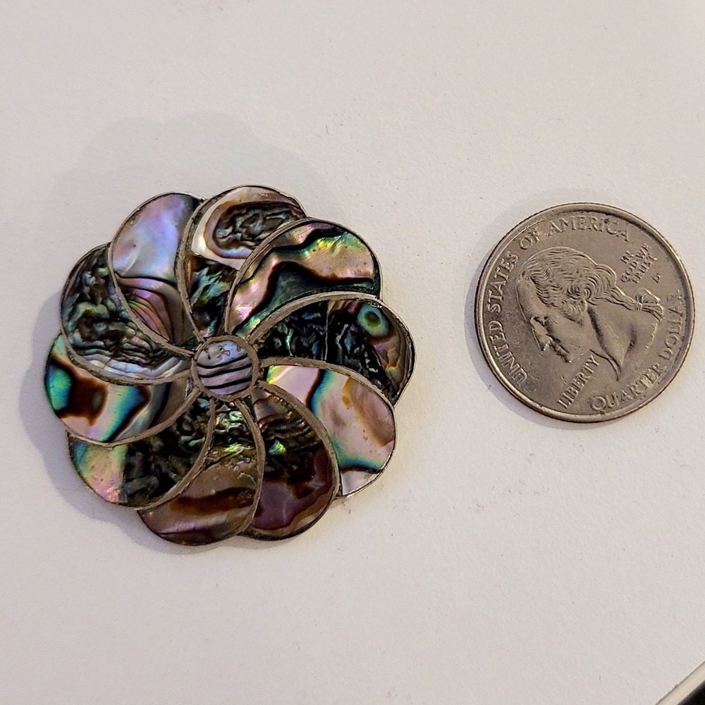 Vintage Alpaca Mexico Silver Inlaid Abalone Flower Brooch Pendant - Picture 2 of 4